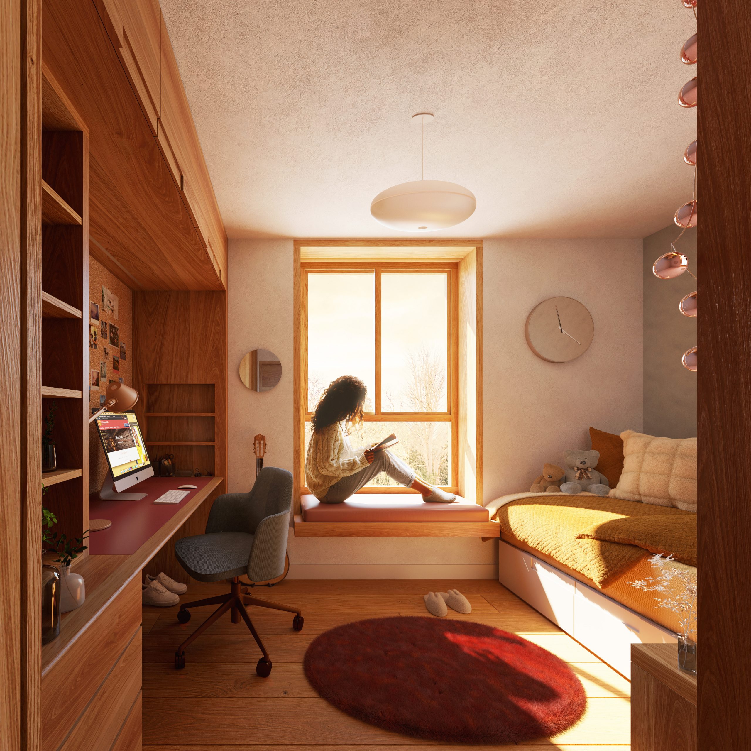 Student study bedroom with window view of gardens