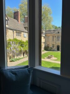 Bay view window of the Principal’s Lodgings… perfect spot to survey the quad! A view onto the front quad through a window on a sunny day