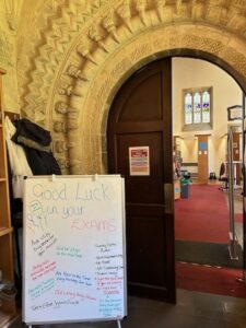A picture of the entrance to the library with a 