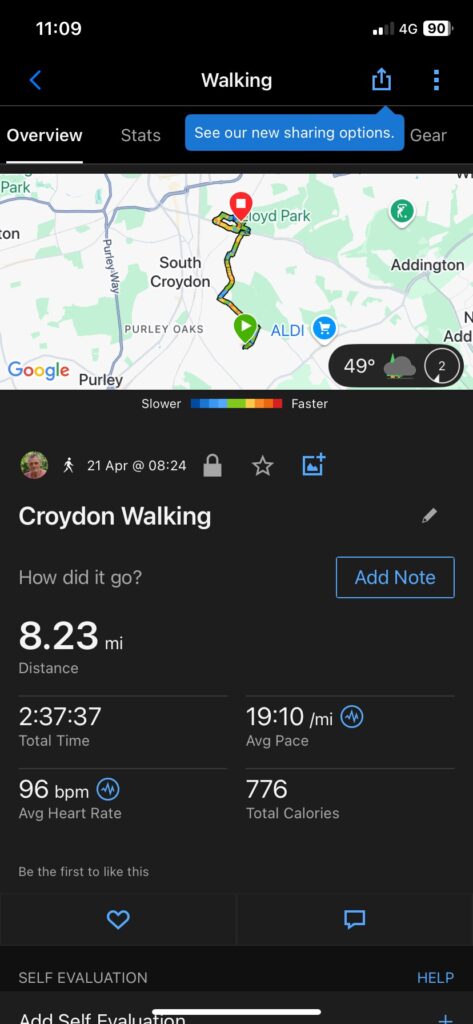 A phone screenshot of a 13.17km walk completed by David Picksley as part of Community & Giving Week. The image depicts a picture of the map and route taken, total time 2:37:37, 19:10/mi average pace, 96 BPM average heart rate and 776 calories burnt.